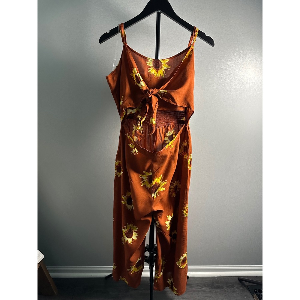 Derek Heart Sunflower Print Tie‎ Front Cutout Jumpsuit Burnt Orange Large
